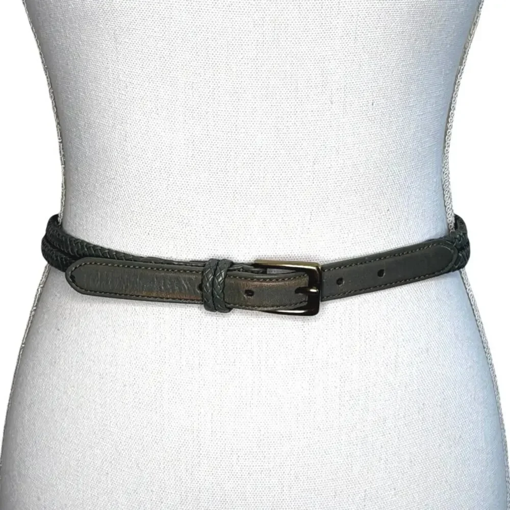 Talbots green leather braided leather belt brass hardware size XS